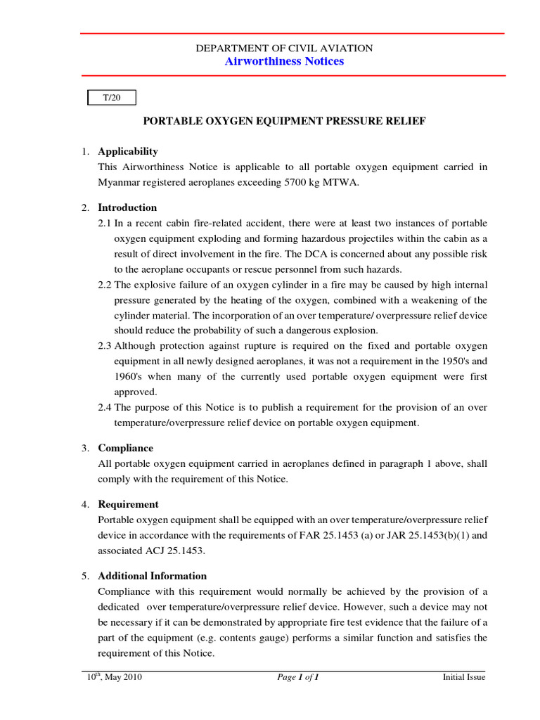 Airworthiness Notices: Portable Oxygen Equipment Pressure Relief | PDF ...
