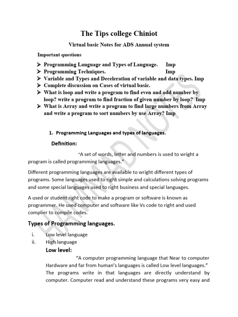 Virtual Basic Programming Notes | PDF | Data Type | Variable (Computer ...