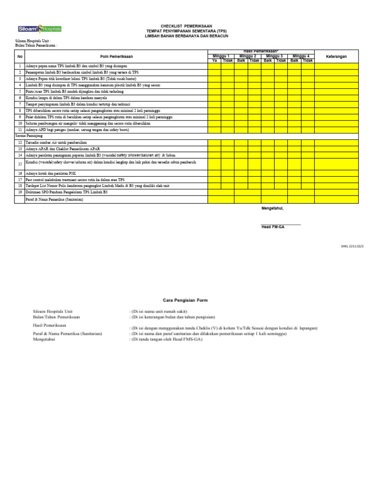 FORM-SHG-KL-02 Formulir Checklist Pemeriksaan TPS Limbah B3 - Rev02 ...