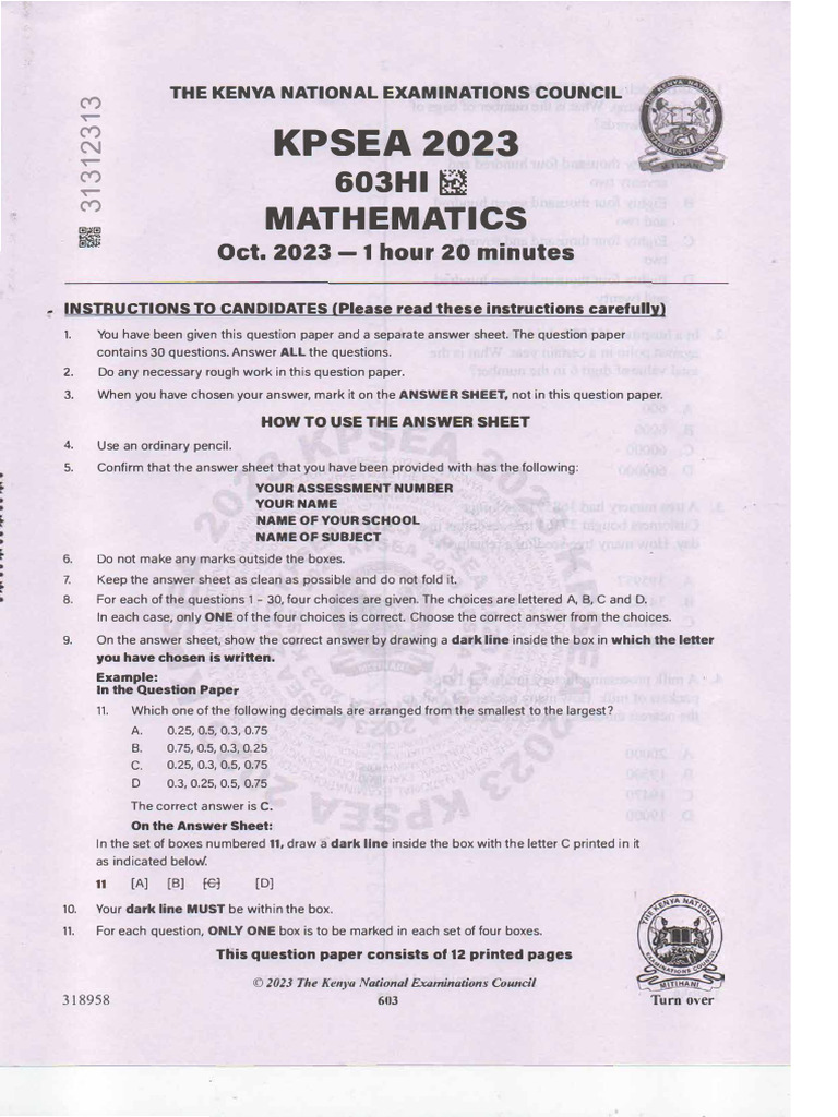 KPSEA 2023 Grade 6 Mathematics Exam | PDF