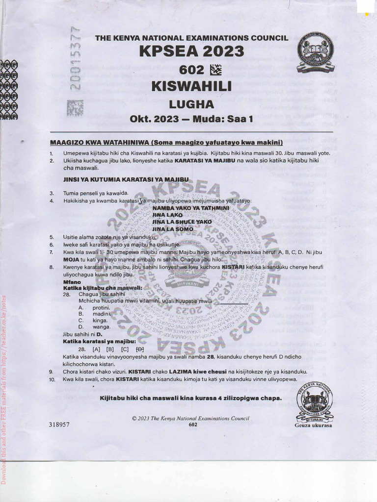 KPSEA 2023 Kiswahili Lugha | PDF