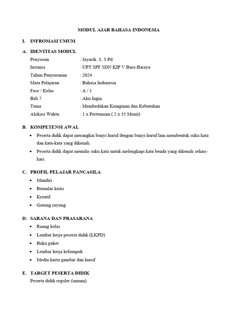 Modul Ajar Bahasa Indonesia Kelas 1 | PDF | Seni & Disiplin Bahasa ...