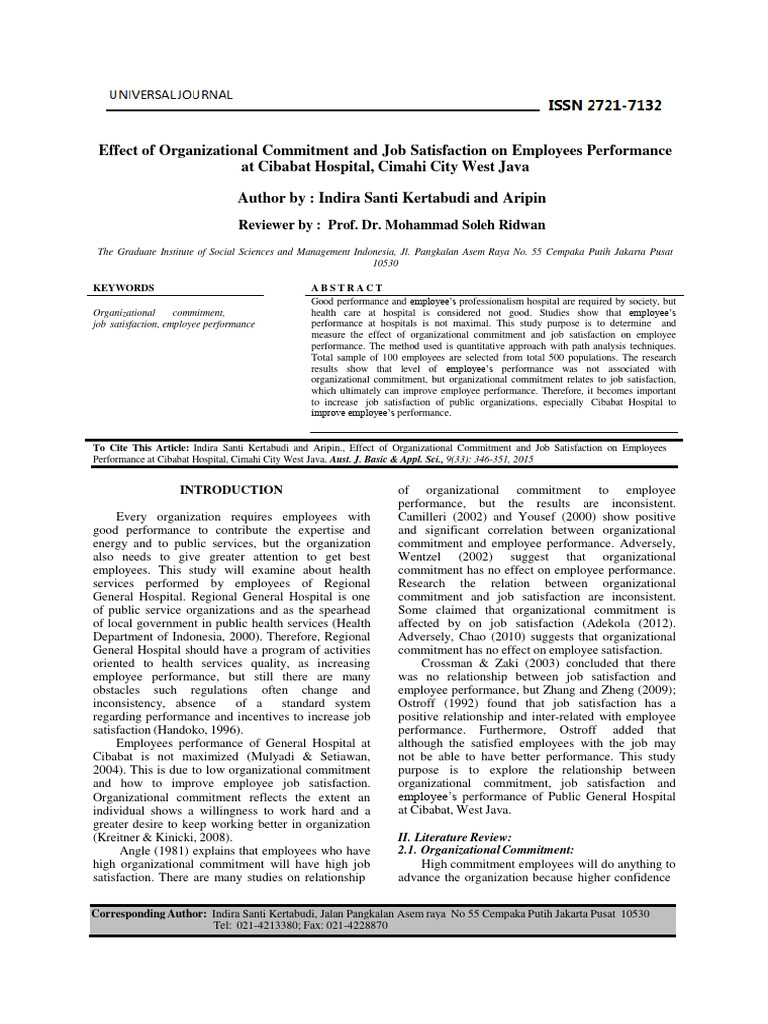 Effect of Organizational Commitment and | PDF | Statistics | Job ...