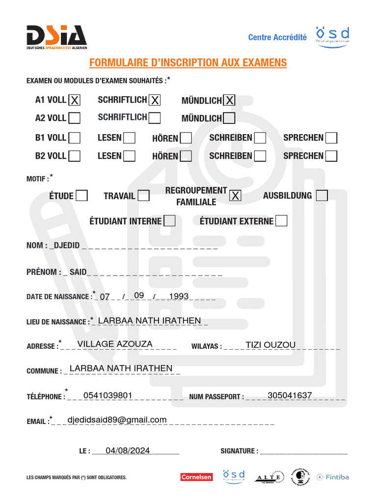 Formulaire Inscriptions Examens Copie | PDF | Passeport | Directive ...