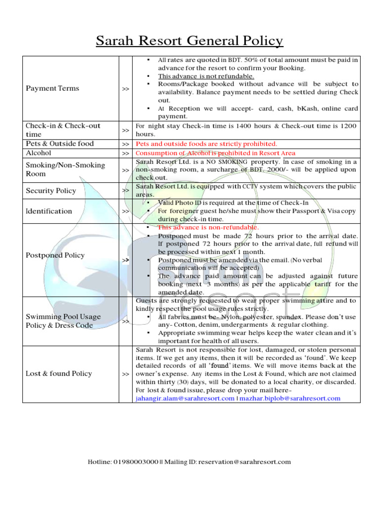 Sarah Resort General Policy | PDF