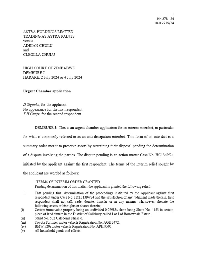 Urgent Interdict Application in Asset Dispute | PDF | Injunction | Divorce