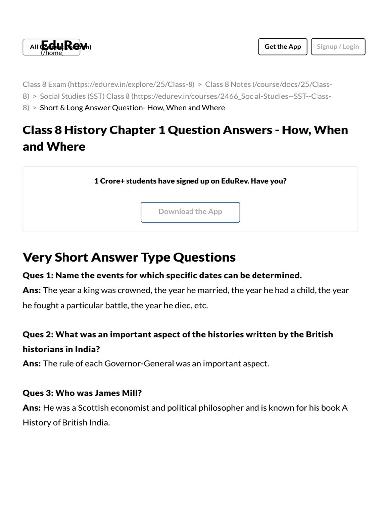 Class 8 history chapter 1 question answers how when and where pdf