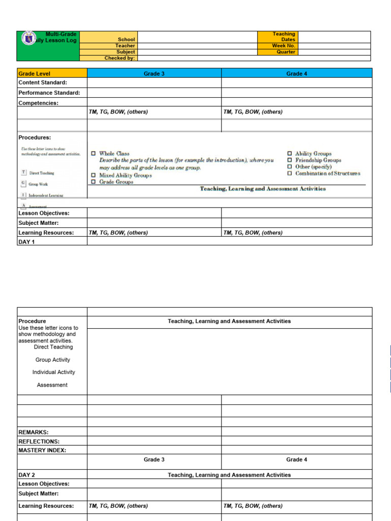 Multi-Grade Daily Lesson Log Template | PDF