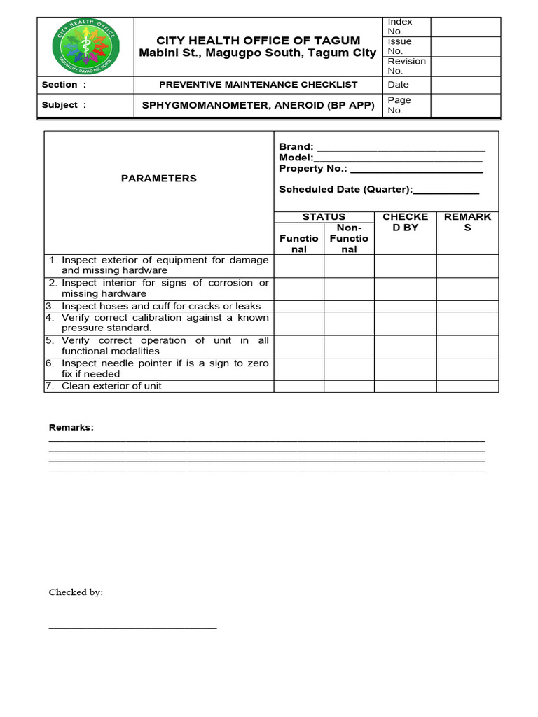 Preventive Maintenance Checklist for BP App | PDF