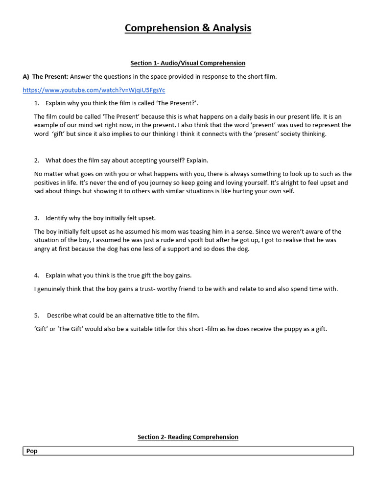 Comprehension and Analysis Exercises | PDF | Language Arts & Discipline ...