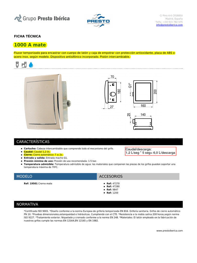 Fluxor Inodoro PRESTO 1000 A Mate | PDF