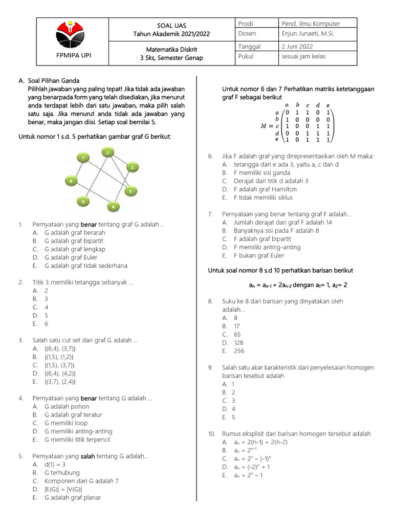 Soal UAS Matematika Diskrit 2022 | PDF | Metode & Bahan Ajar