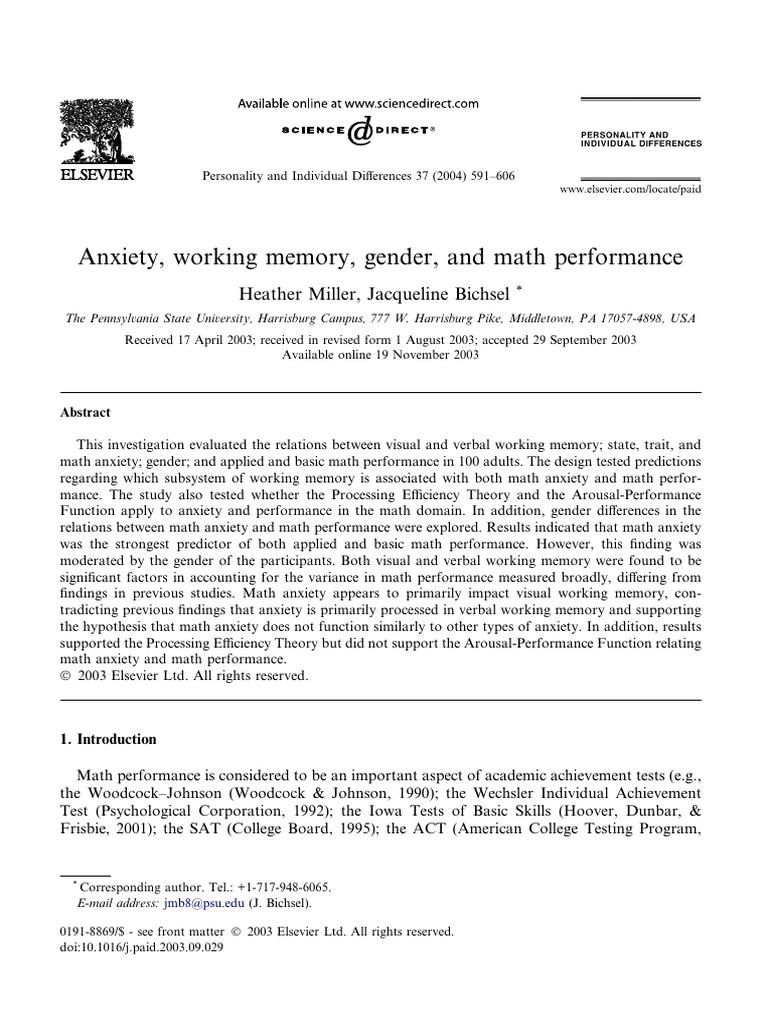 Math Anxiety, Gender, and Working Memory | PDF | Working Memory | Anxiety