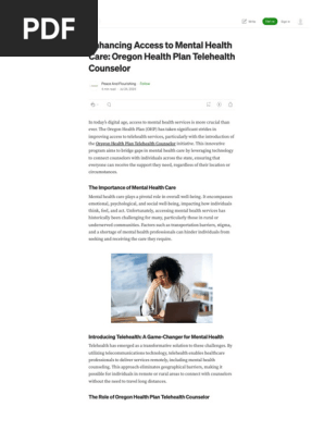 Enhancing Access to Mental Health Care: Oregon Health Plan Telehealth Counselor