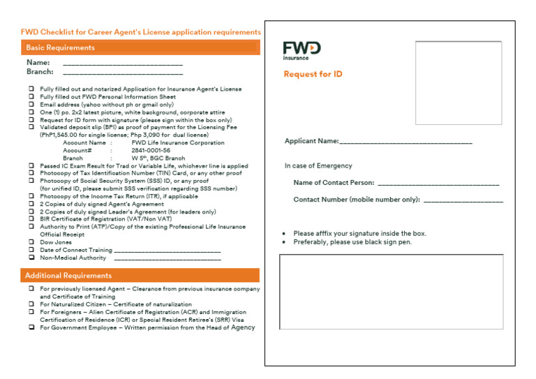 FWD Career Agent License Application Checklist | PDF | Law