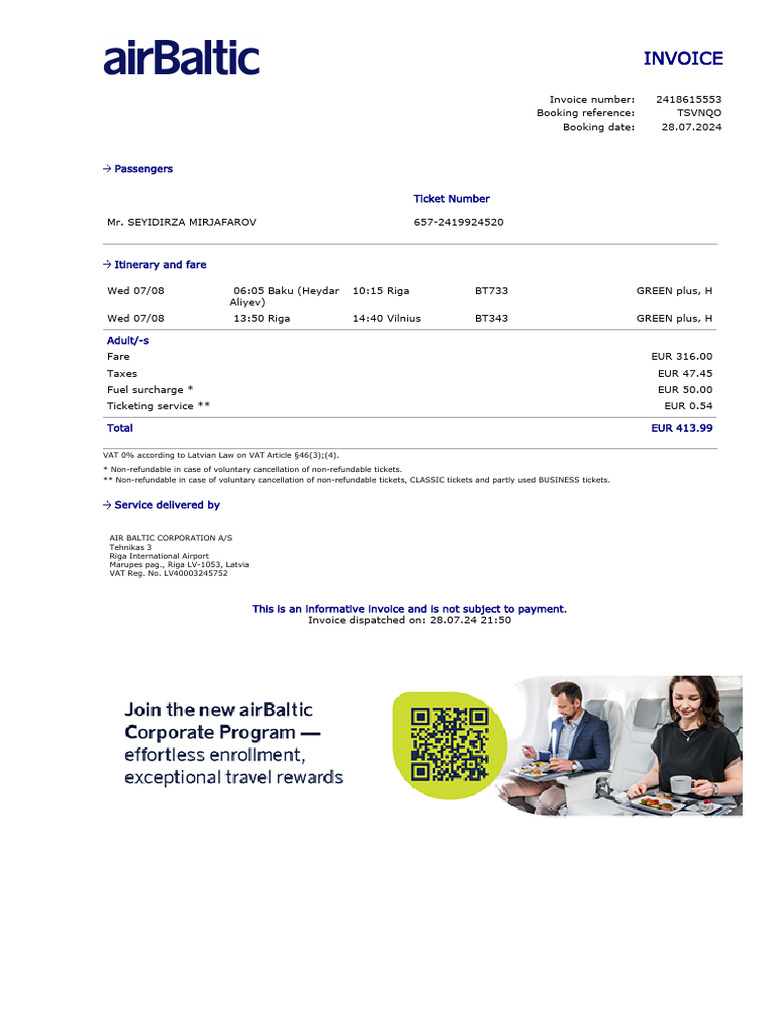 Air Baltic Invoice Details | PDF