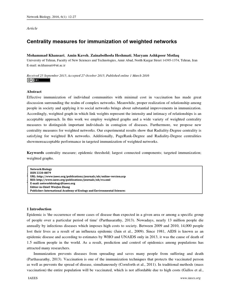 Centrality Measures For Immunization of Weighted Networks | PDF ...
