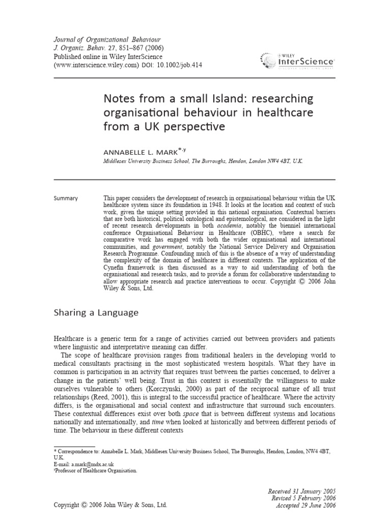 J organ behavior 2006 mark notes from a small island researching