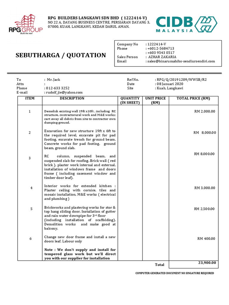 Contoh Sebut Harga Renovasi Rumah | PDF | Queensland Heritage Register ...