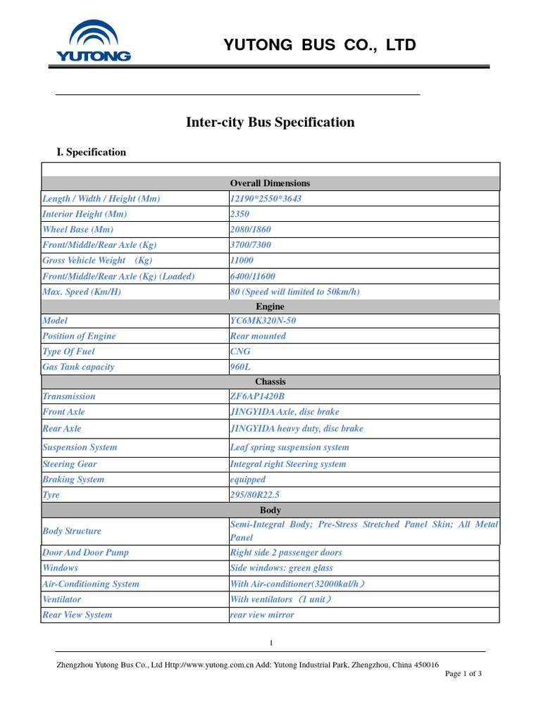 Yutong Inter-City Bus Specifications | PDF | Bus | Axle
