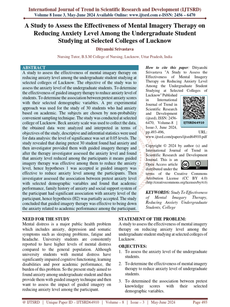 A Study To Assess The Effectiveness of Mental Imagery Therapy On ...