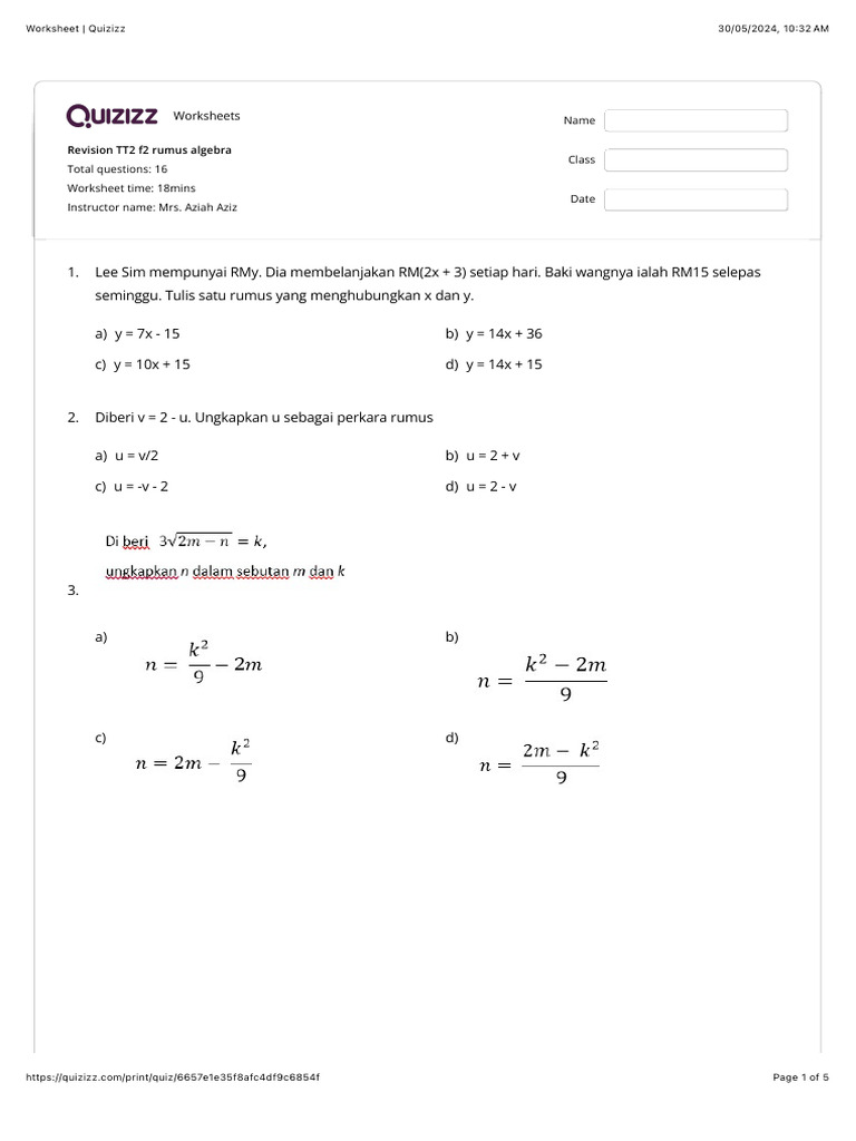 Rev TT2 F2 Rumus Algebra | PDF