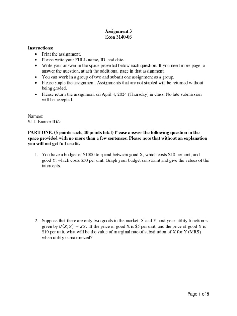 Econ 3140 Assignment 3 Instructions | PDF | Utility | Demand