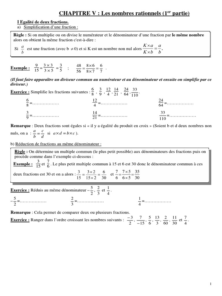 Exercices sur les Nombres Rationnels 5ème | PDF | Mathématiques ...