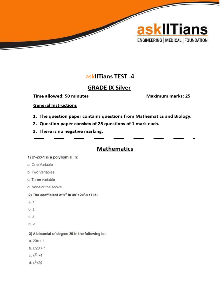 Grade IX Math & Biology Quiz | PDF | Teaching Methods & Materials