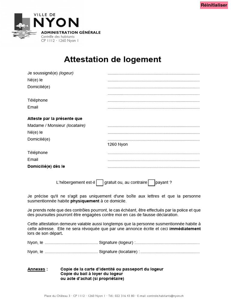 Attestation de Logement à Nyon | PDF | Maison et jardin