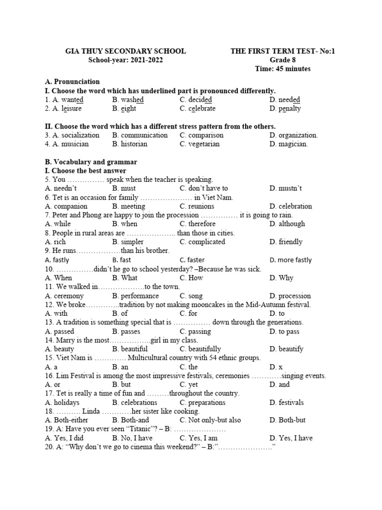 Grade 8 First Term Test 2021-2022 | PDF | Bowl