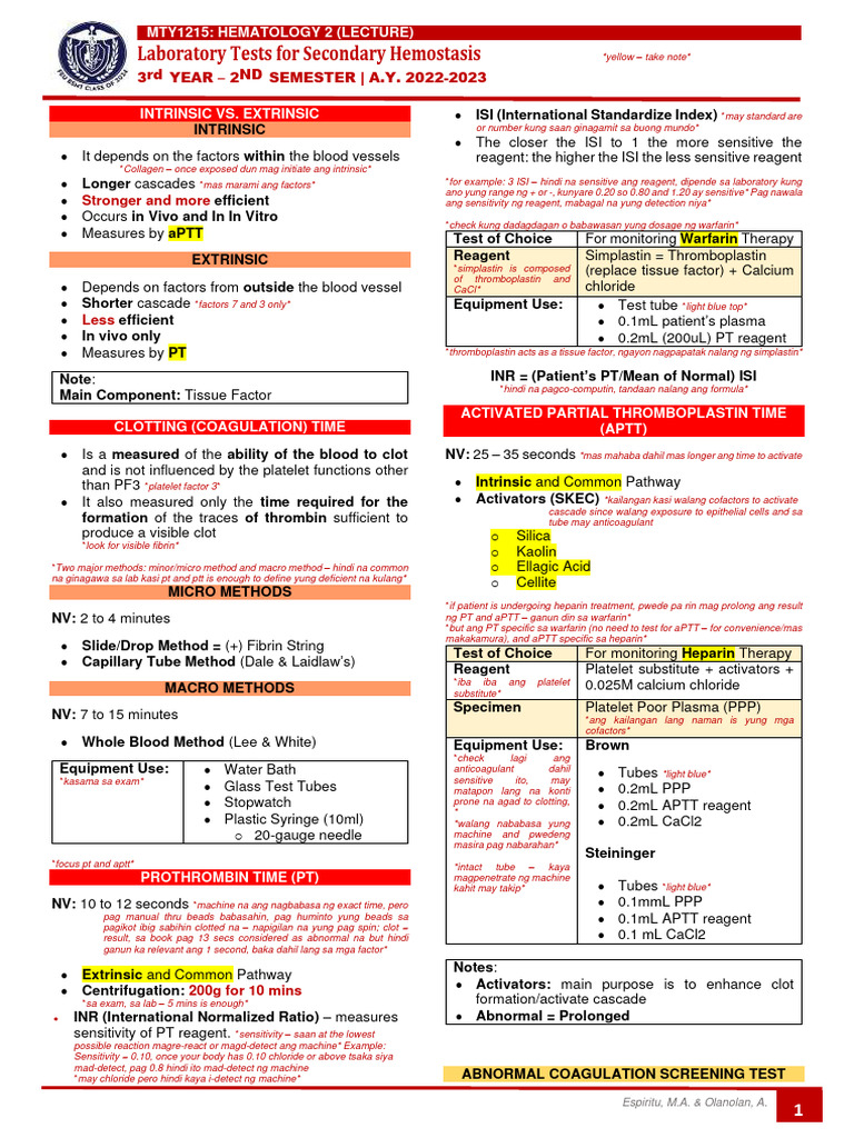 Hema 2 Laboratory Test For Secondary Hemostasis | PDF | Coagulation | Blood