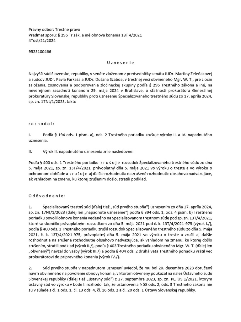 4tost 21 2024 NSSR Uznesenie Obnova Konania Paksi | PDF