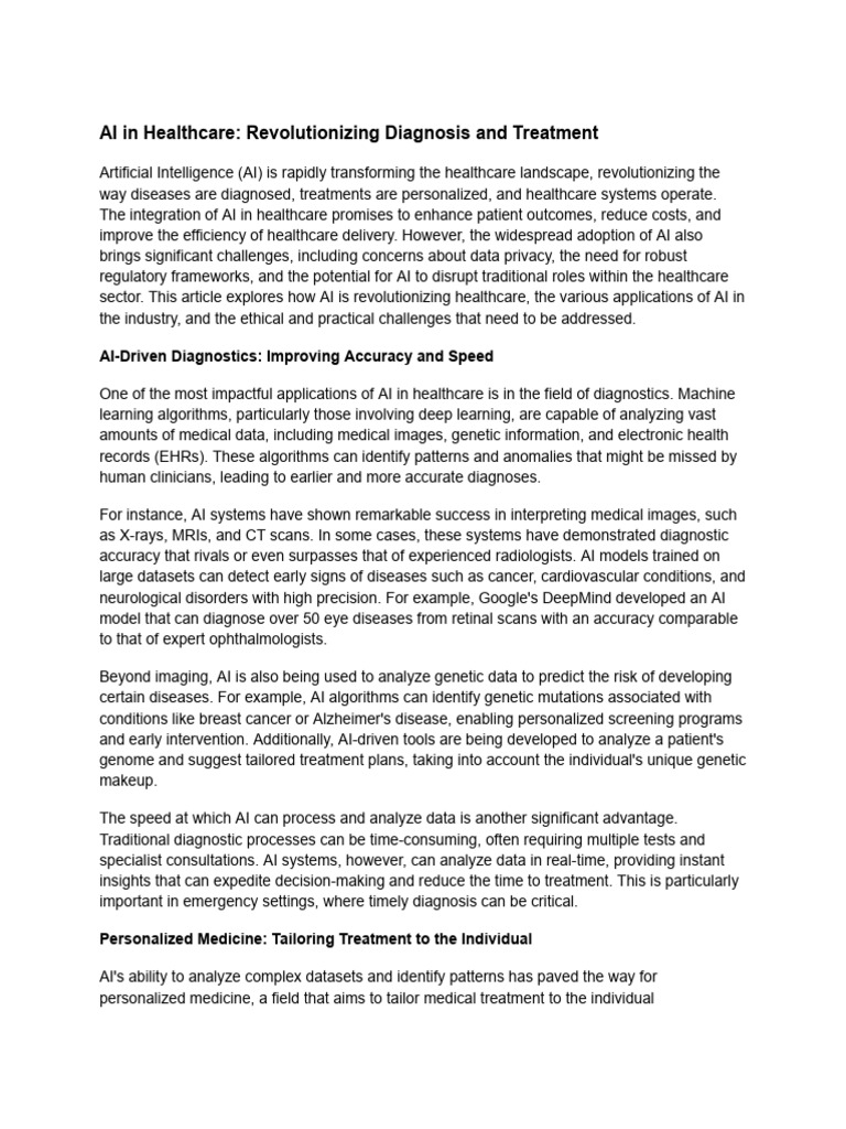 AI in Healthcare - Revolutionizing Diagnosis and Treatment | PDF ...
