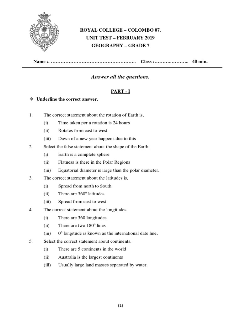 Grade 7 Geography Unit Test 2019 | PDF | Latitude | Equator