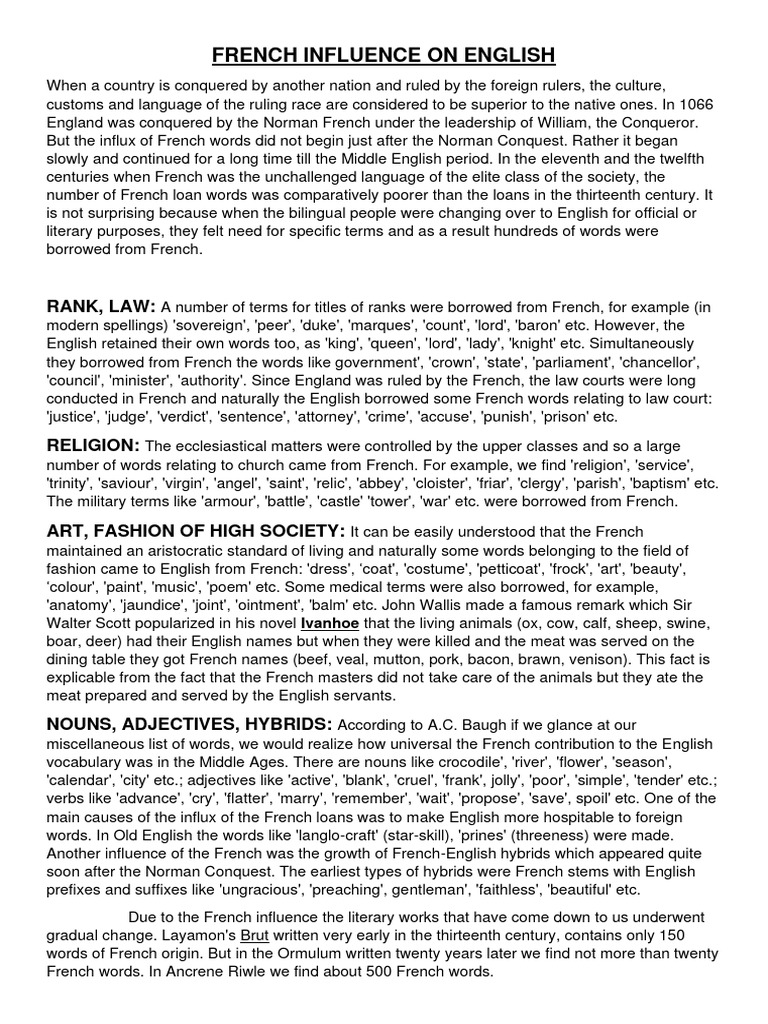 French Impact on English Vocabulary | PDF | English Language | Lord