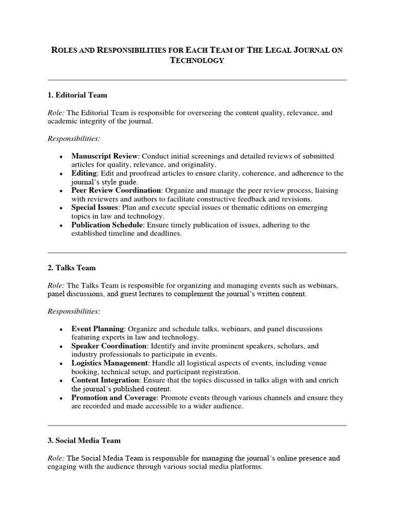 Roles and Responsibilities For Each Team of The Legal Journal On ...