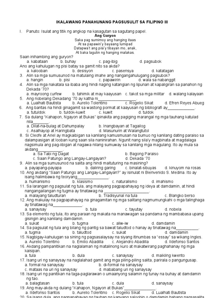ikalawang panahunang pagsusulit sa filipino iii 2011 2012