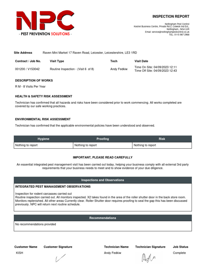 Pest Control Inspection Report | PDF | Safety