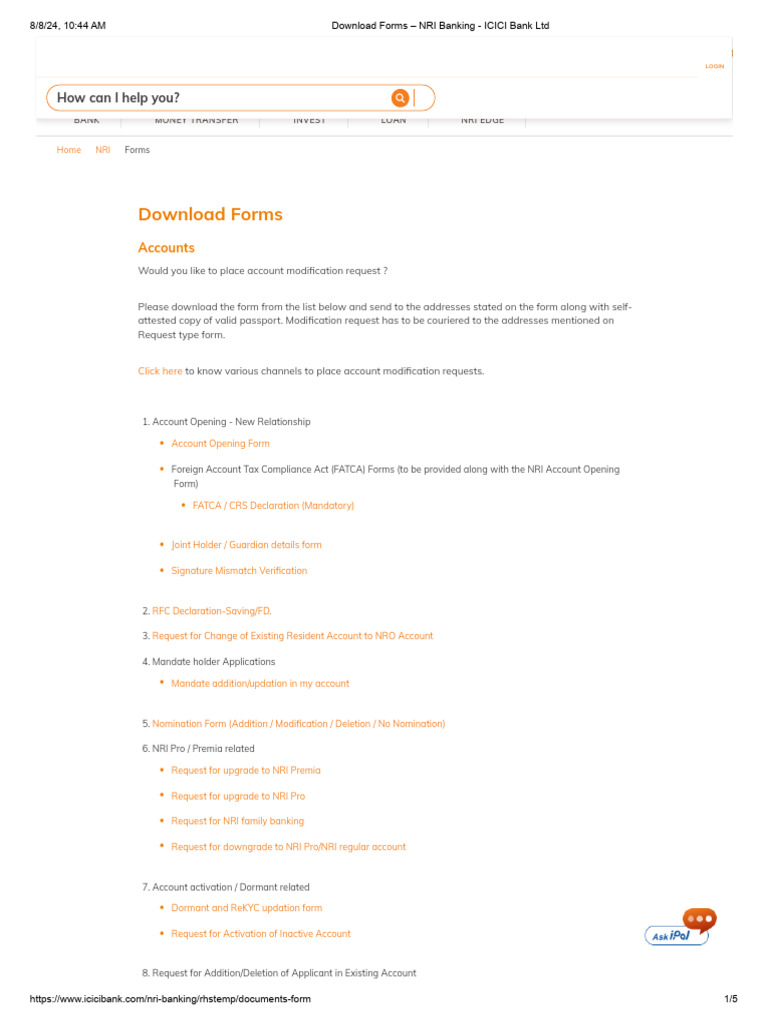 NRI Banking Account Modification Forms | PDF | Banking
