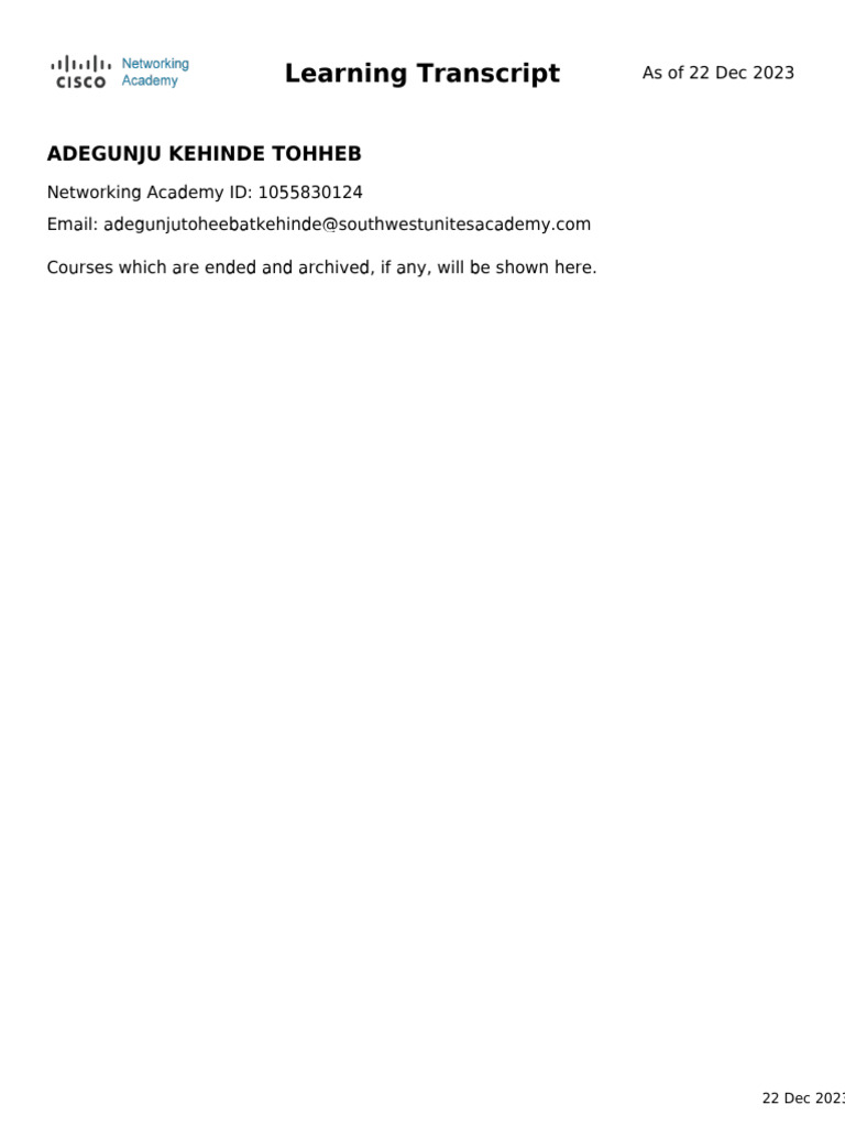 Networking Academy Learning Transcript | PDF