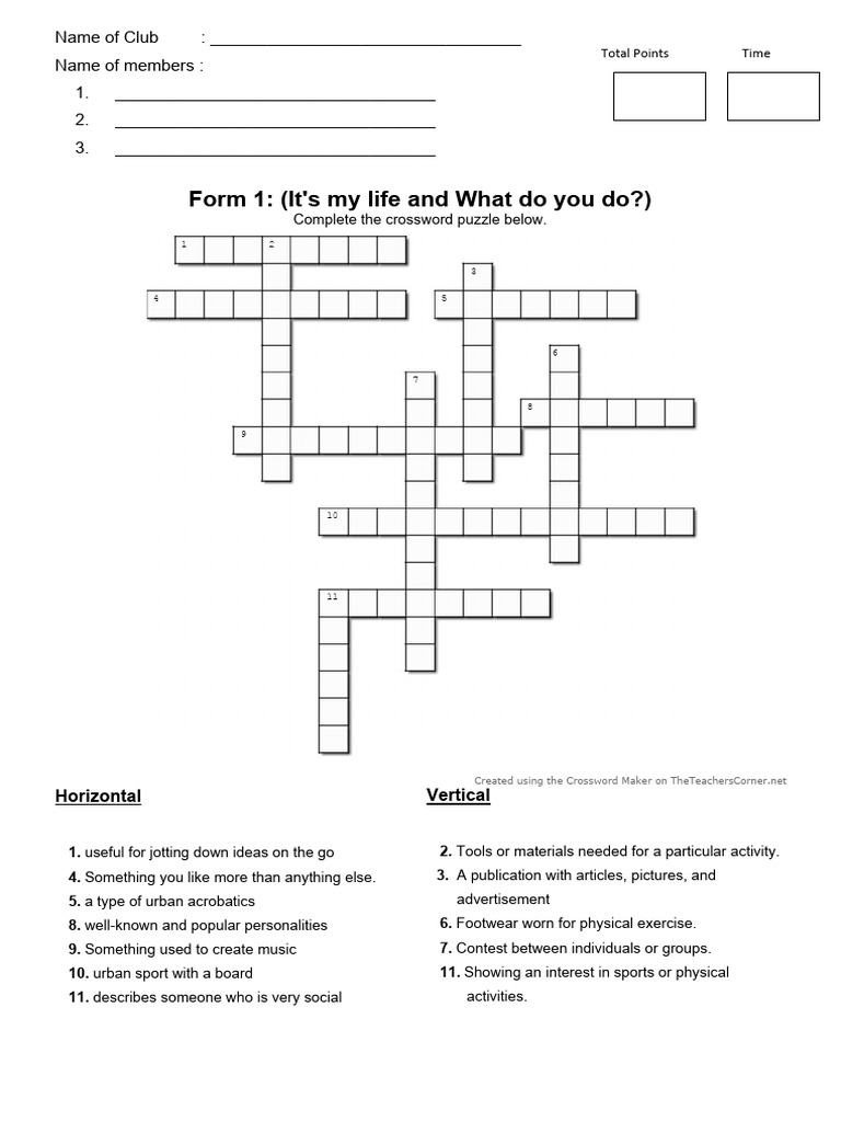 Form 1 Crossword Puzzle Activity | PDF