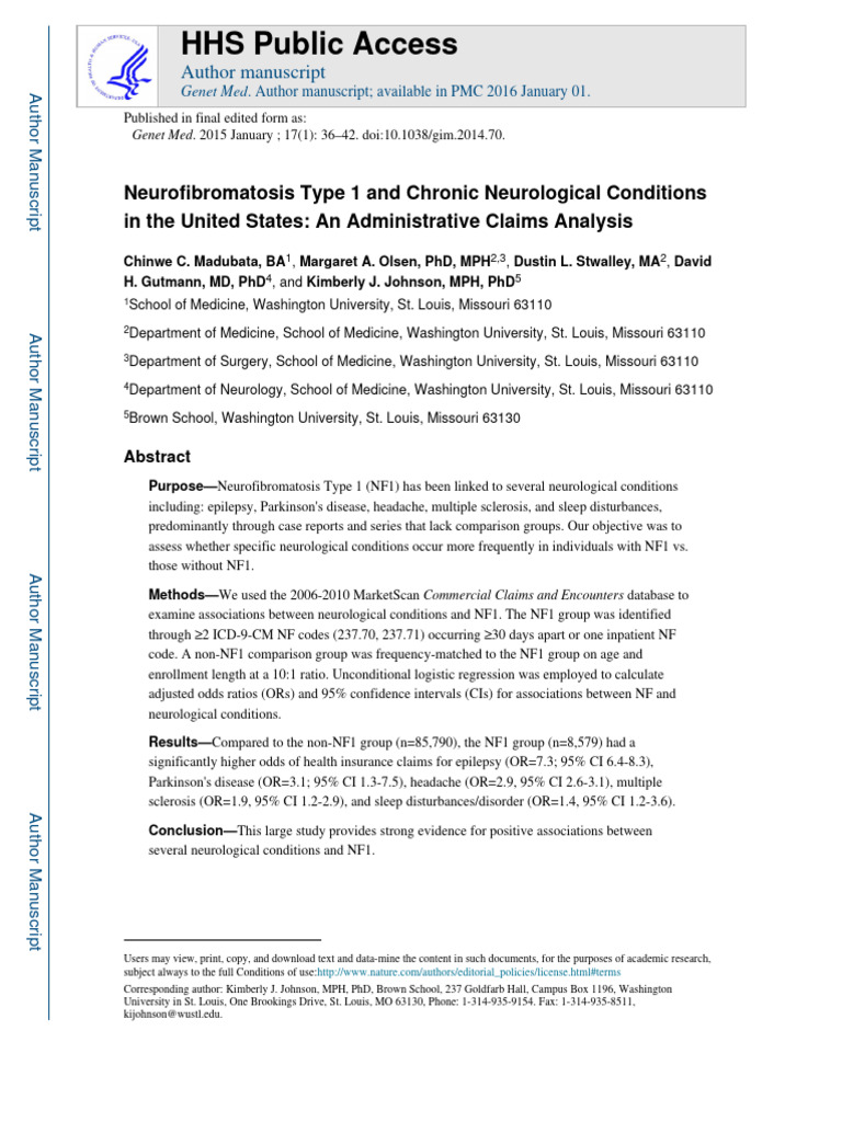 Neurofibromatosis Type 1 and Chronic Neurological Conditions in The ...