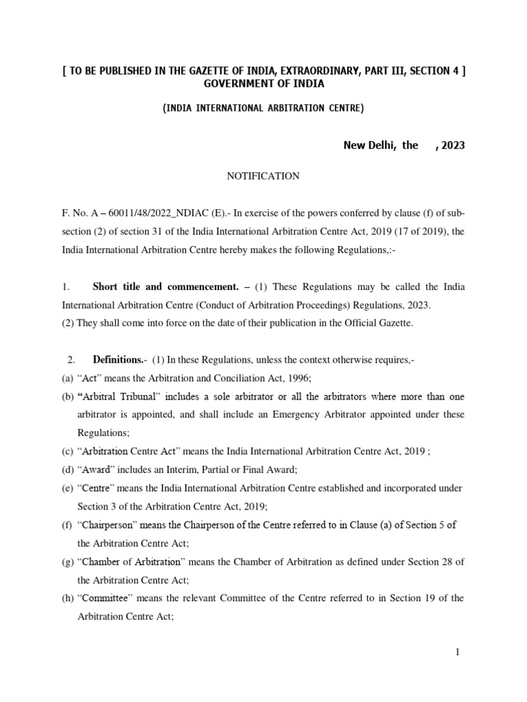 India Arbitration Centre Regulations 2023 | PDF | Arbitral Tribunal ...