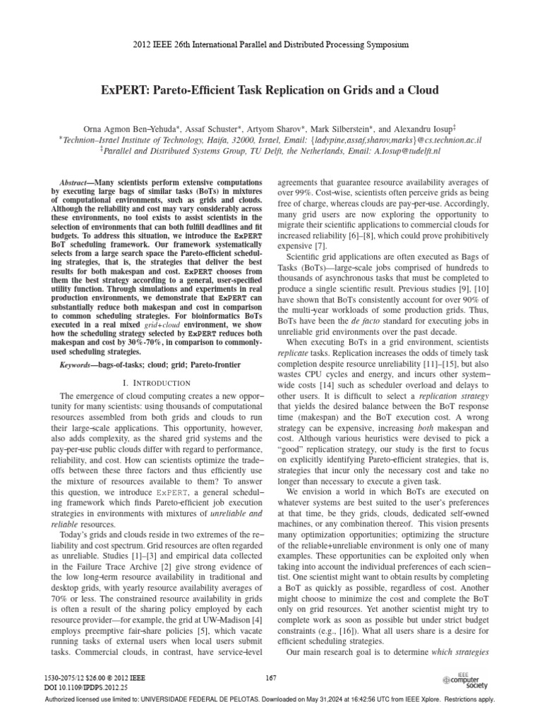Expert pareto efficient task replication on grids and a cloud pdf
