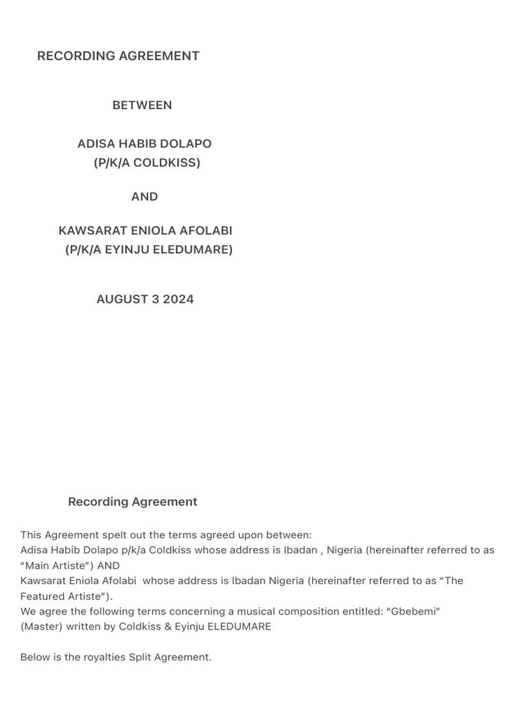 Recording Agreement | PDF