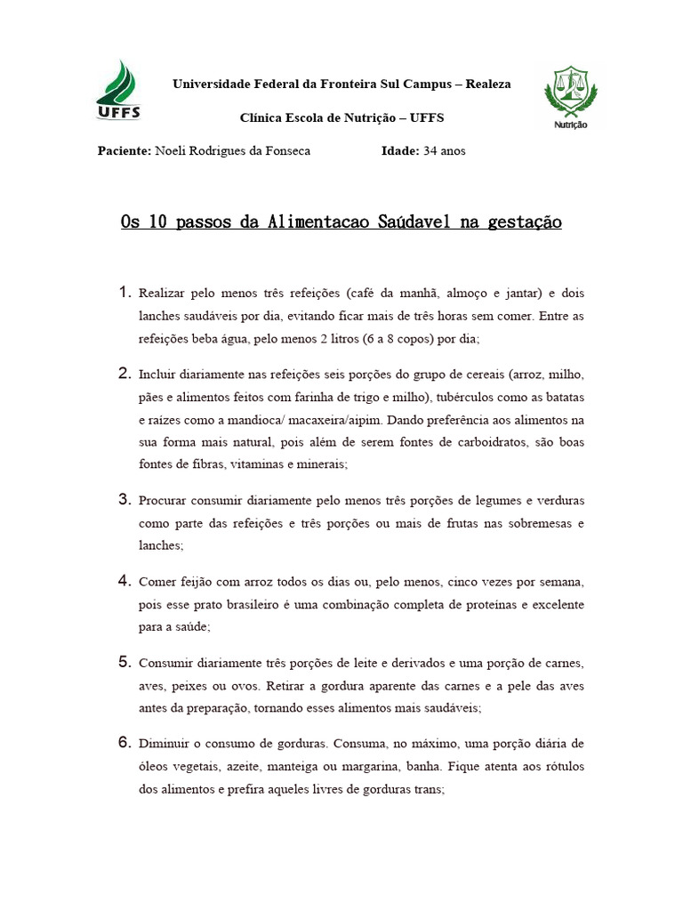 10 Passos Da Alimentacao Saudavel Gestante Pdf Alimentos Carne
