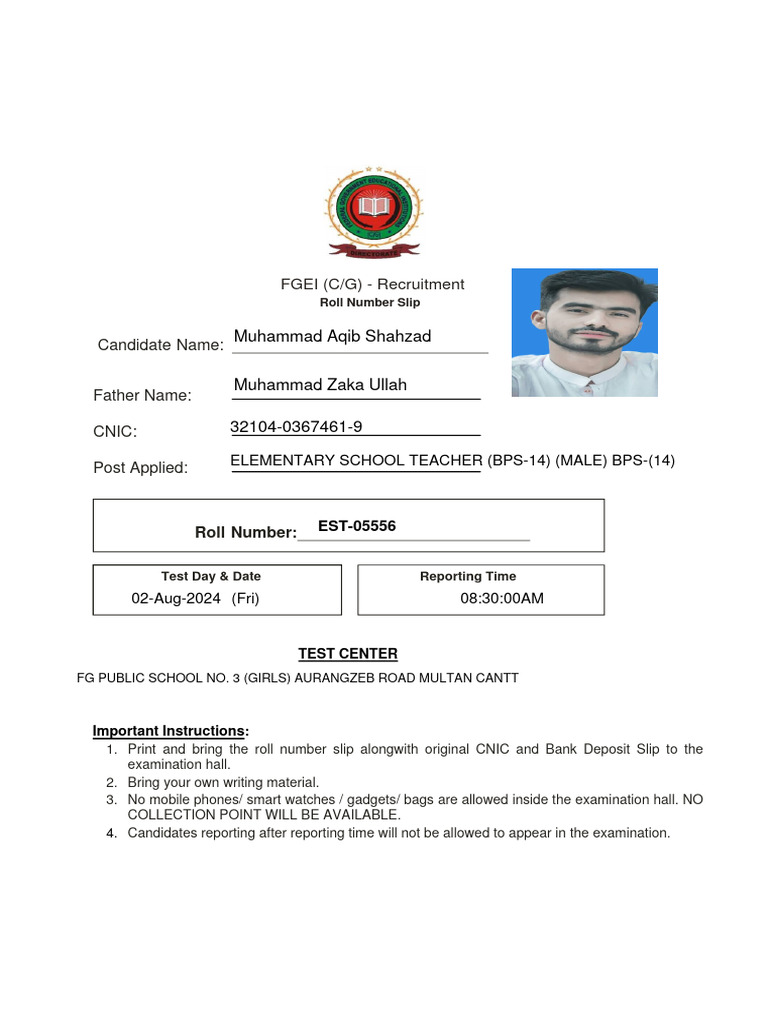 Aqib Shahzad Roll Number Slip for Exam | PDF