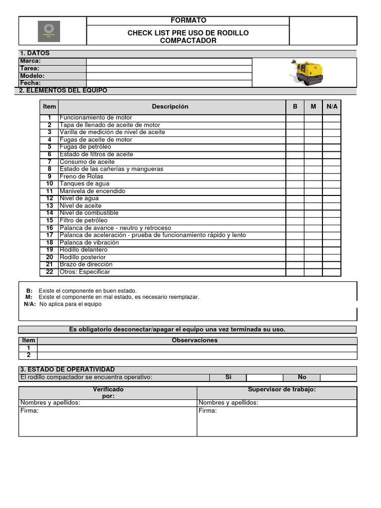 Check List Pre Uso Rodillo Compactador | PDF