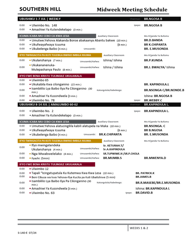 Southern Hill: Midweek Meeting Schedule | PDF